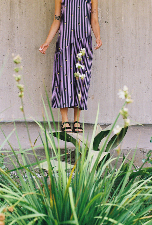 VESTIDO BLUME LARGO RAYAS FLORES