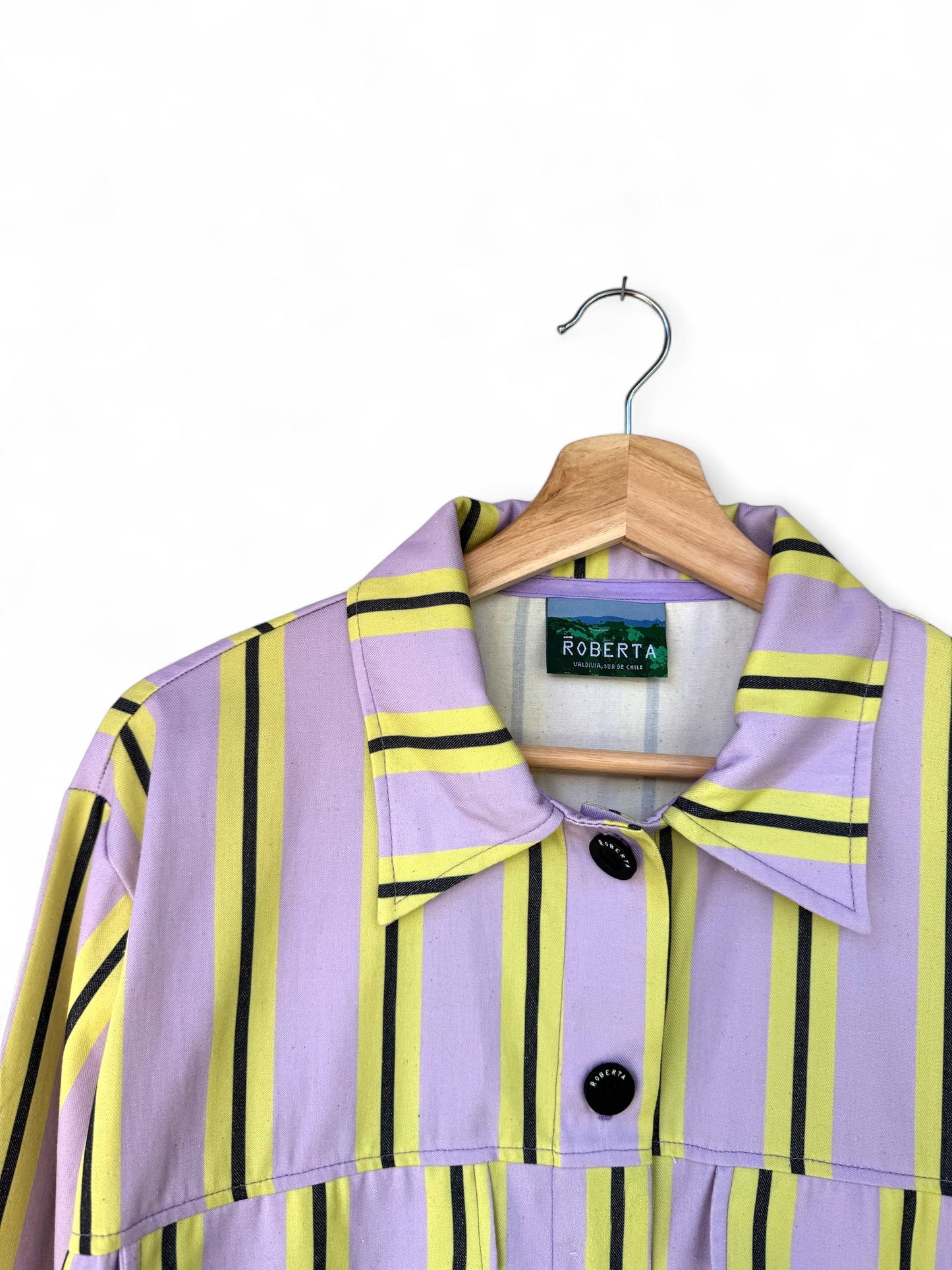 CHAQUETA POOL LARGA RAYAS LILA AMARILLO