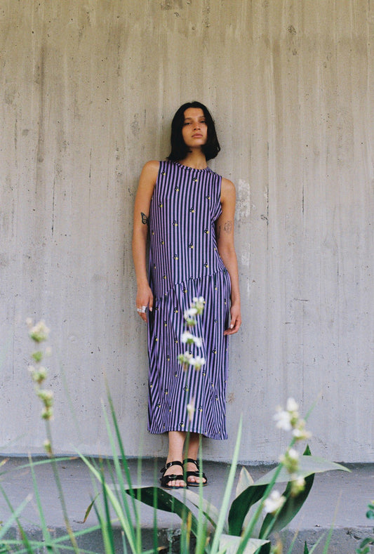 VESTIDO BLUME LARGO RAYAS FLORES
