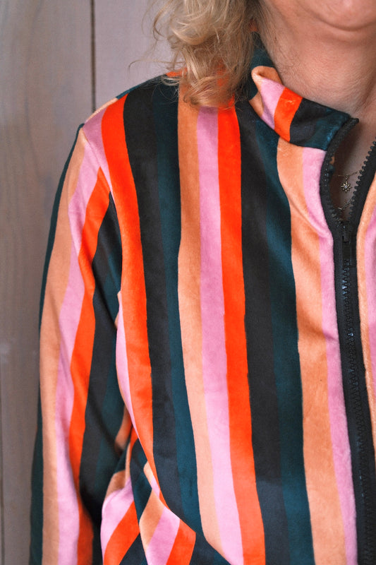 POLERÓN VELVET CIERRE RAYAS ROSA NARANJA