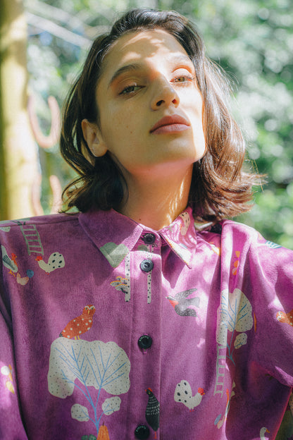 CAMISA DORA COTELE AVES FRAMBUESA